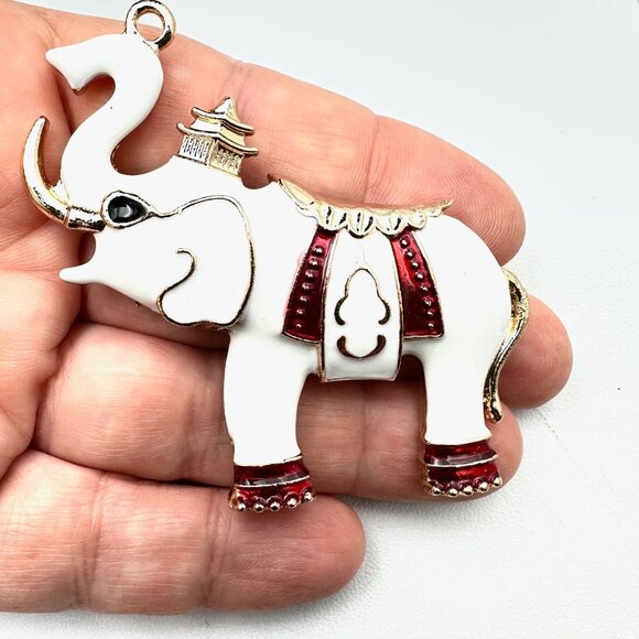 Womens Elephant Brooch Pin Red White Enamel Gold Tone Statement Vintage Style - Picture 4 of 5